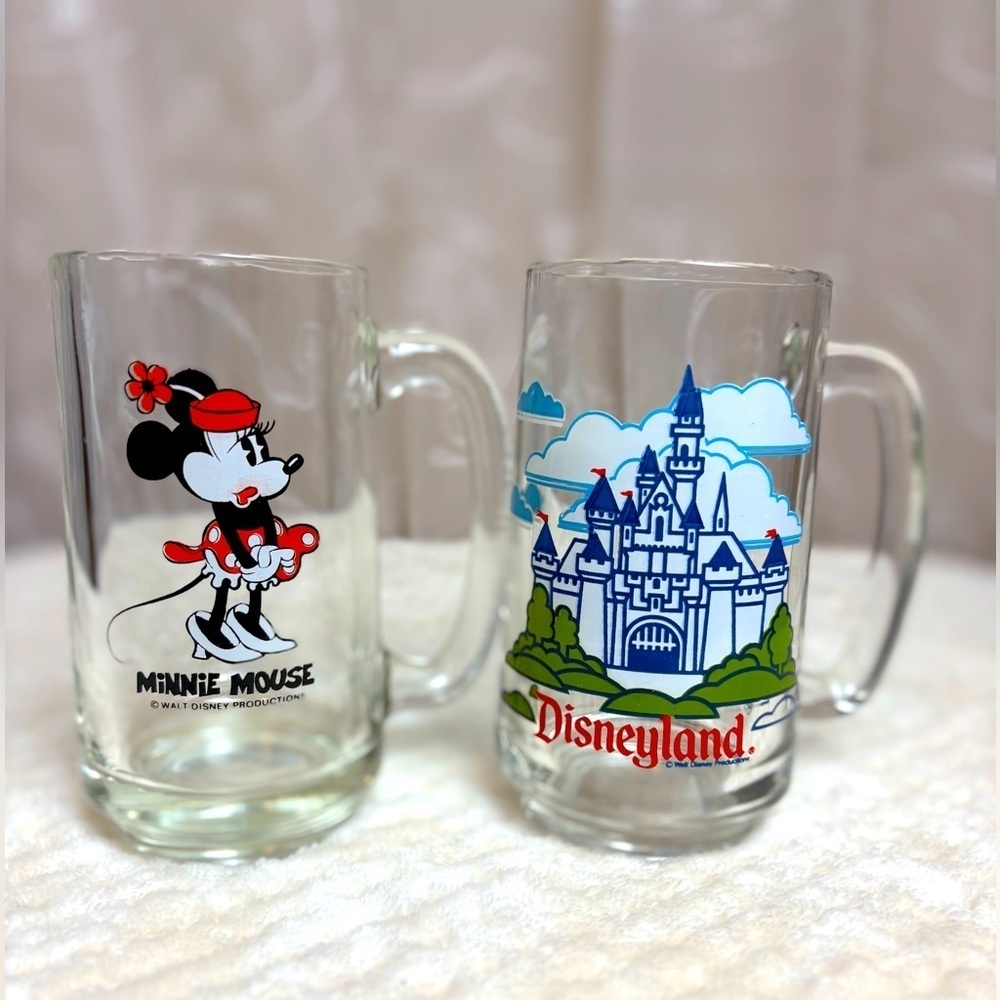 Vintage Disney Glass Mug Set - Minnie Mouse and Castle Design